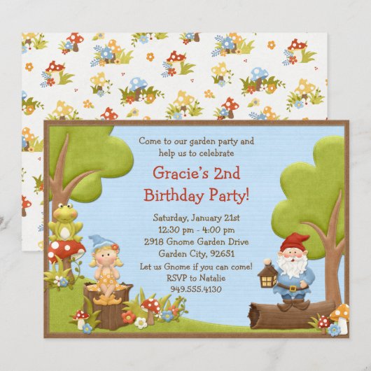 Uitnodiging Kinder Gnome Birthday (Voorkant / Achterkant)