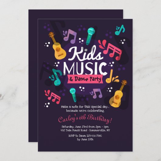 Uitnodiging Kinder Muziek en Dance Party (Voorkant / Achterkant)