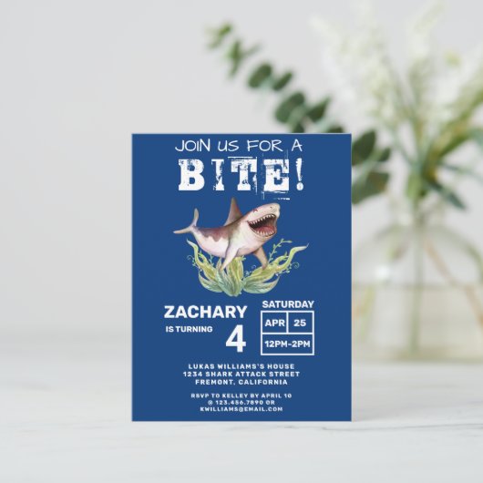 Uitnodiging Kinder partij Shark Birthday (Staand voorkant)