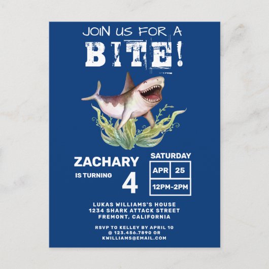 Uitnodiging Kinder partij Shark Birthday (Voorkant)