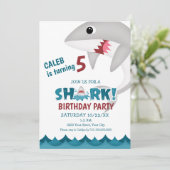 Uitnodiging Kinder partij Shark Birthday (Staand voorkant)