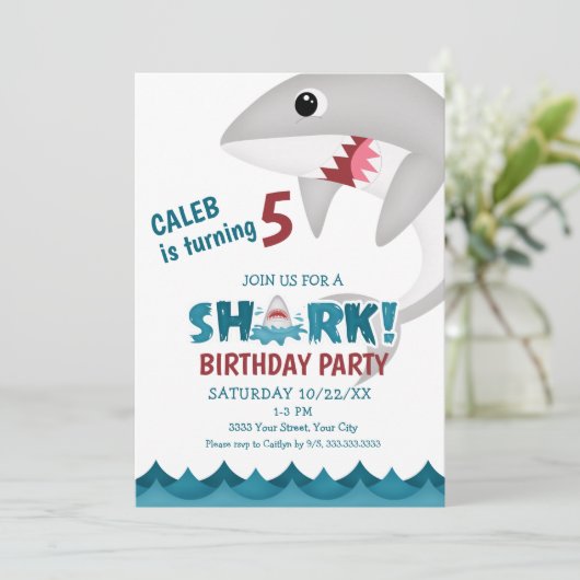 Uitnodiging Kinder partij Shark Birthday (Staand voorkant)