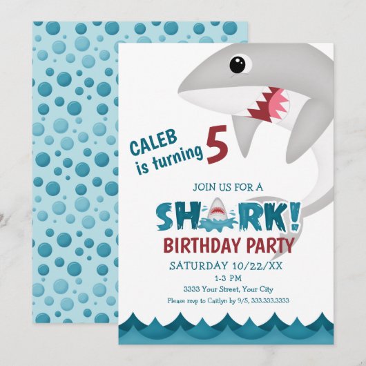 Uitnodiging Kinder partij Shark Birthday (Voorkant / Achterkant)