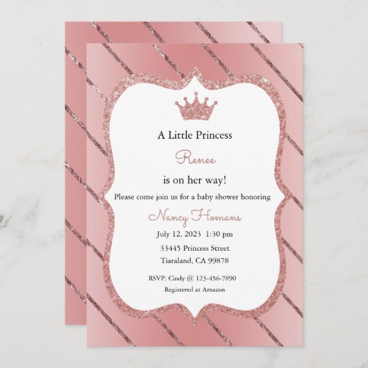 Uitnodiging Kleine Prinses, Roze Gouden Uitnodigin (Voorkant / Achterkant)