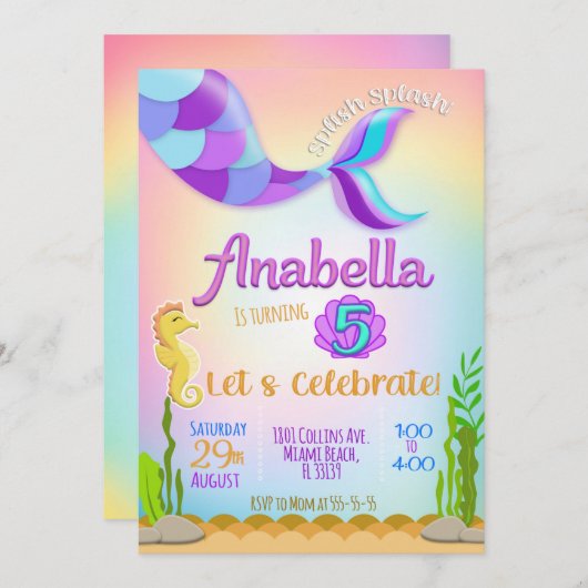 Uitnodiging Kleine Zeemeermin, Zeemeermin uitnodig (Voorkant / Achterkant)