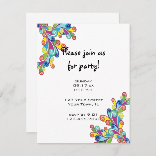 Uitnodiging kleurrijke hoekcurls (Voorkant / Achterkant)