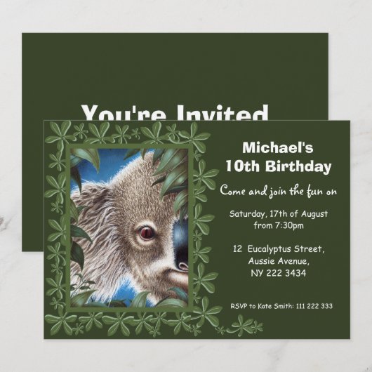 Uitnodiging Koala Birthday Party (Voorkant / Achterkant)