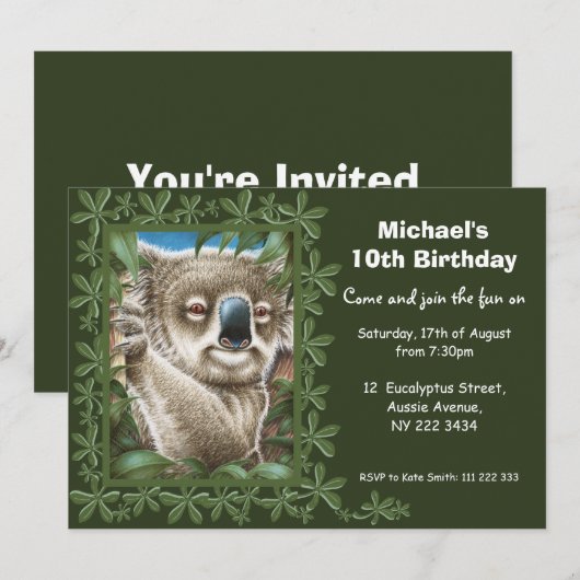 Uitnodiging Koala Birthday Party (Voorkant / Achterkant)