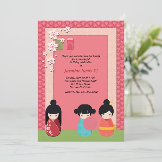 Uitnodiging Kokeshi Playmates (Staand voorkant)