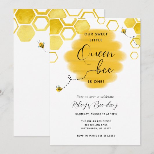 Uitnodiging koningin Bee Birthday (Voorkant / Achterkant)