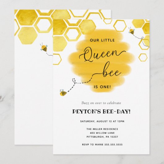 Uitnodiging koningin Bee Birthday (Voorkant / Achterkant)