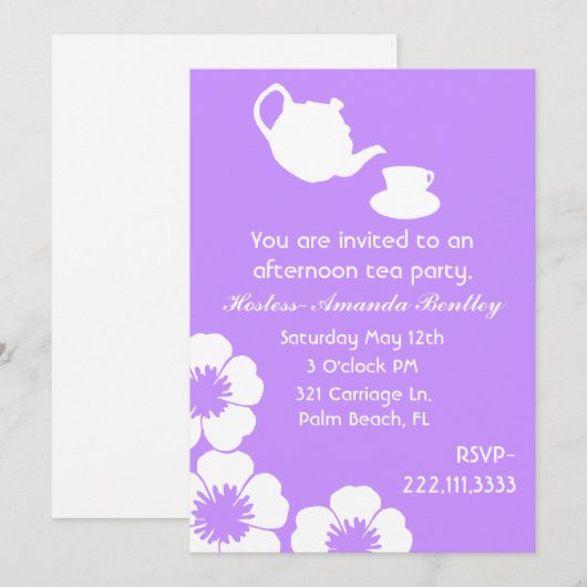 Uitnodiging Lavender Tea Party (Voorkant / Achterkant)