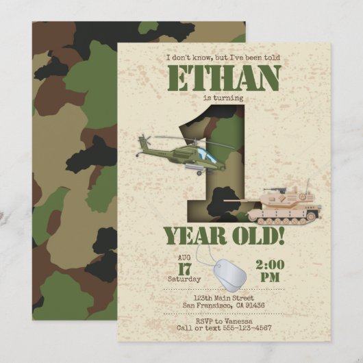 Uitnodiging leger - 1e verjaardag Uitnodiging (Voorkant / Achterkant)