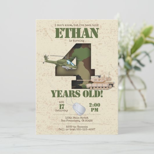 Uitnodiging leger - 4e verjaardag Uitnodiging (Staand voorkant)