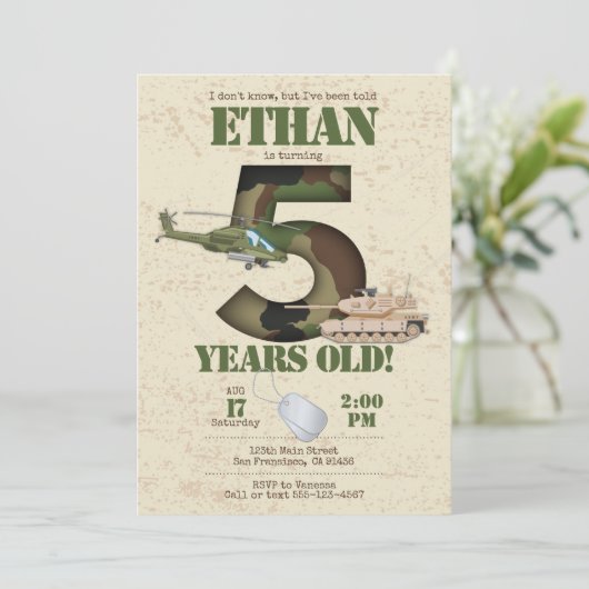 Uitnodiging leger - 5e verjaardag Uitnodiging (Staand voorkant)