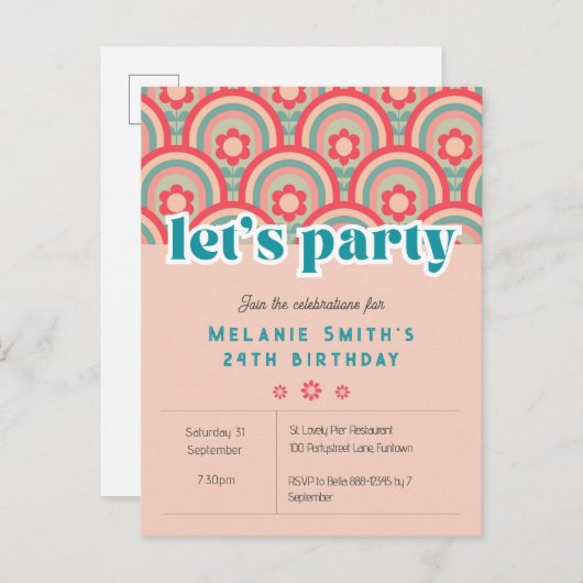 Uitnodiging "Let's Party" Retro bloem kind, roze (Voorkant / Achterkant)