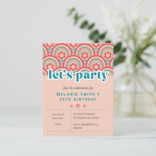 Uitnodiging "Let's Party" Retro bloem kind, roze (Staand voorkant)