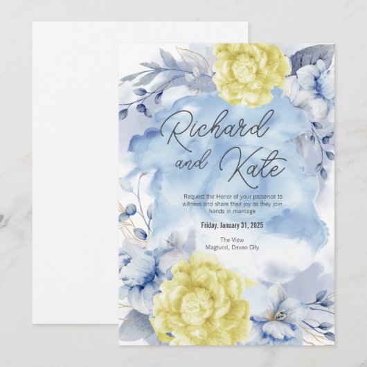 Uitnodiging LICHTBLAUW EN STOFFIG GEEL (Voorkant / Achterkant)