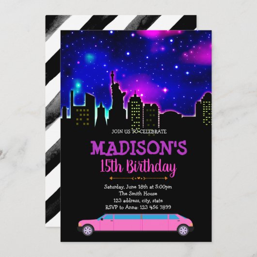 Uitnodiging limousine themafeest (Voorkant / Achterkant)