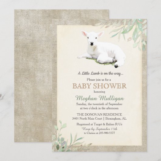 Uitnodiging Little Lamb Baby Shower (Voorkant / Achterkant)