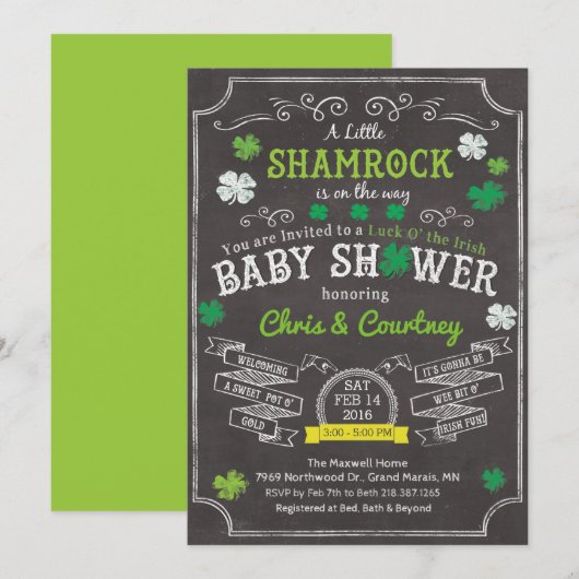 Uitnodiging Little Shamrock Baby Shower (Voorkant / Achterkant)