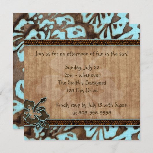 Uitnodiging Luau Feestje Hibiscus Blauw Bruin (Voorkant / Achterkant)