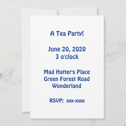 Uitnodiging: Mad Hatter's Tea Party Kaart (Achterkant)