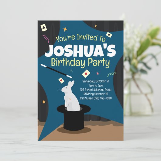 Uitnodiging Magic Birthday Party - Top Hat & Rabbi (Staand voorkant)