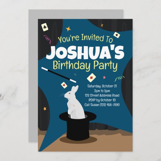 Uitnodiging Magic Birthday Party - Top Hat & Rabbi (Voorkant / Achterkant)
