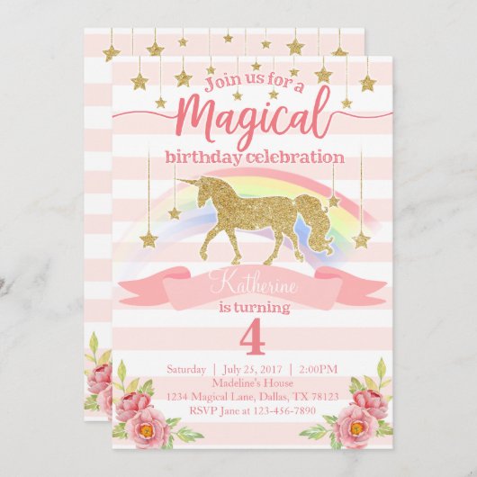 Uitnodiging Magical Rainbow Unicorn Birthday Party (Voorkant / Achterkant)