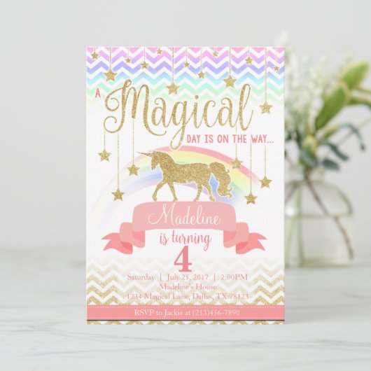 Uitnodiging Magical Rainbow Unicorn Birthday Party (Staand voorkant)