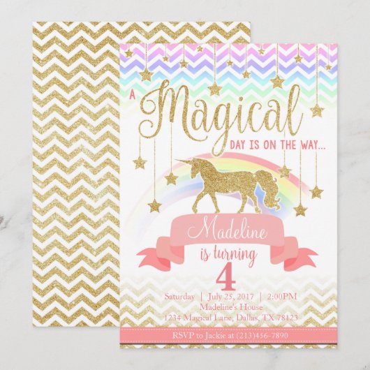 Uitnodiging Magical Rainbow Unicorn Birthday Party (Voorkant / Achterkant)