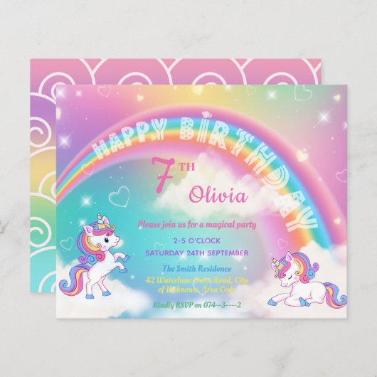 Uitnodiging Magical Rainbow Unicorn Birthday Party (Voorkant / Achterkant)