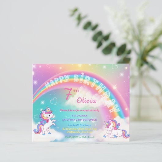 Uitnodiging Magical Rainbow Unicorn Birthday Party (Staand voorkant)