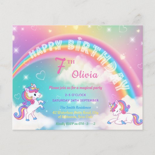 Uitnodiging Magical Rainbow Unicorn Birthday Party (Voorkant)