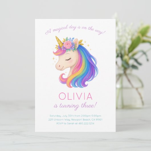 Uitnodiging Magical Rainbow Unicorn Birthday Party (Staand voorkant)