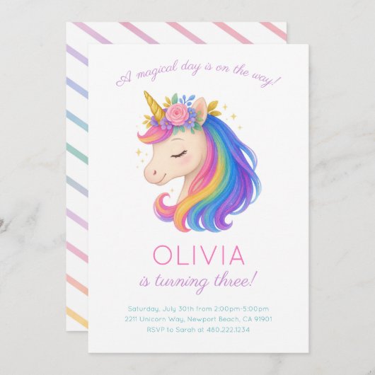 Uitnodiging Magical Rainbow Unicorn Birthday Party (Voorkant / Achterkant)