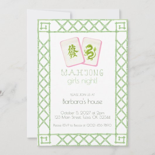 Uitnodiging Mahjong-feest, Groene Draak Bamboe (Voorkant)