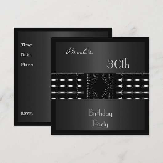Uitnodiging Mannen 30e verjaardag Black Silver (Voorkant / Achterkant)