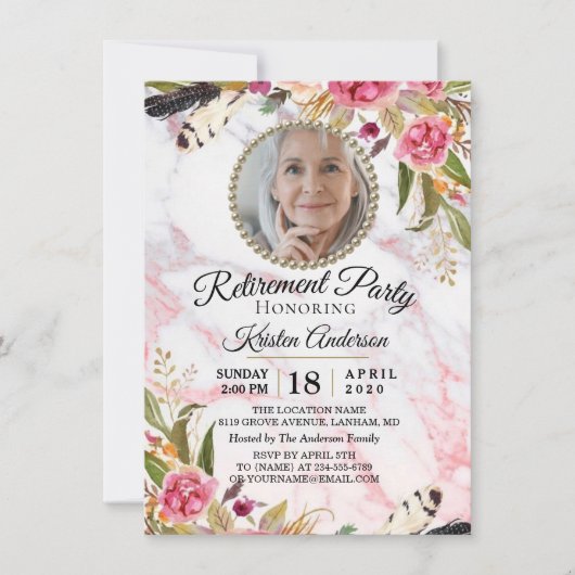 Uitnodiging Marble Floral Retirement Party (Voorkant)
