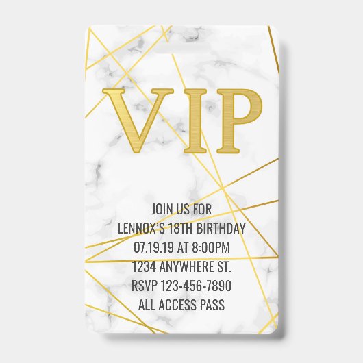 Uitnodiging marble Gold Birthday VIP Pass Badge (Voorzijde)