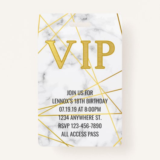 Uitnodiging marble Gold Birthday VIP Pass Badge (Voorkant)