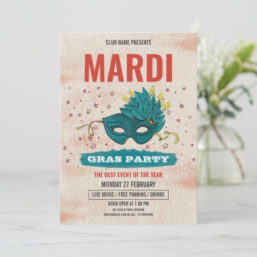 Uitnodiging Mardi Gras (Staand voorkant)