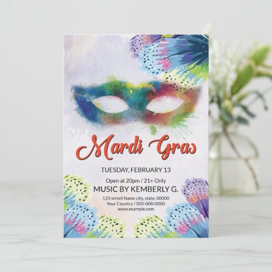 Uitnodiging Mardi Gras (Staand voorkant)