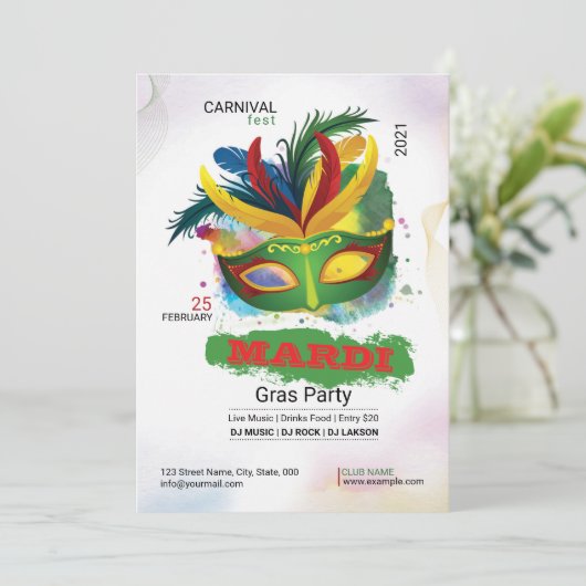 Uitnodiging Mardi Gras (Staand voorkant)