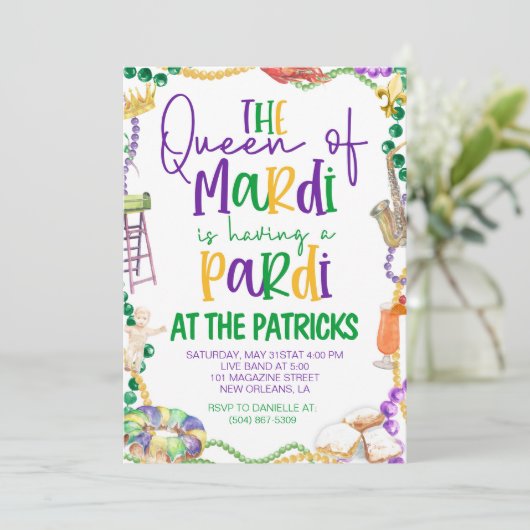 Uitnodiging Mardi Gras (Staand voorkant)