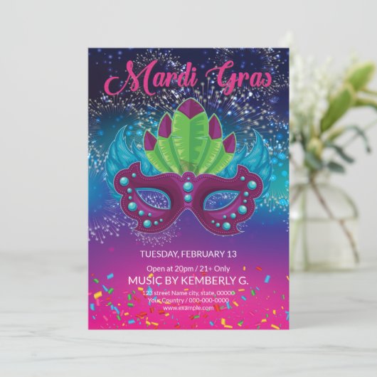 Uitnodiging Mardi Gras (Staand voorkant)