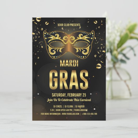 Uitnodiging Mardi Gras (Staand voorkant)