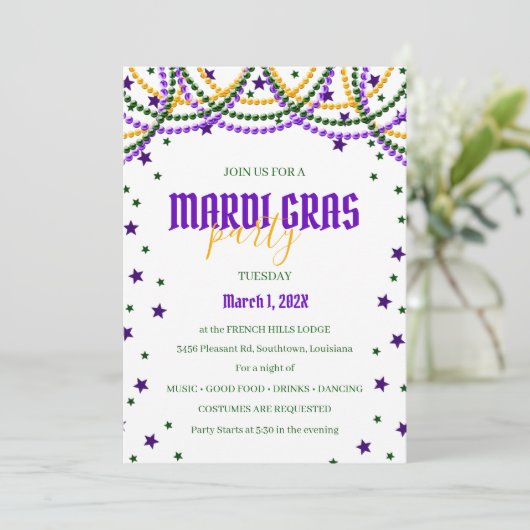 Uitnodiging Mardi Gras Beads & Stars Party (Staand voorkant)