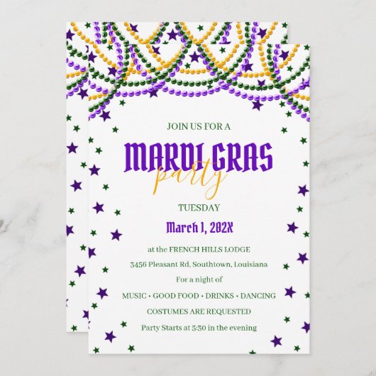 Uitnodiging Mardi Gras Beads & Stars Party (Voorkant / Achterkant)